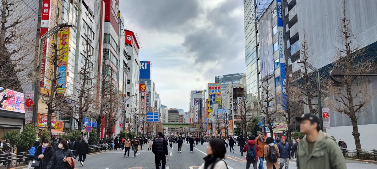 View of Akihabara. The main road in Akihabara is closed for cars over weekends.